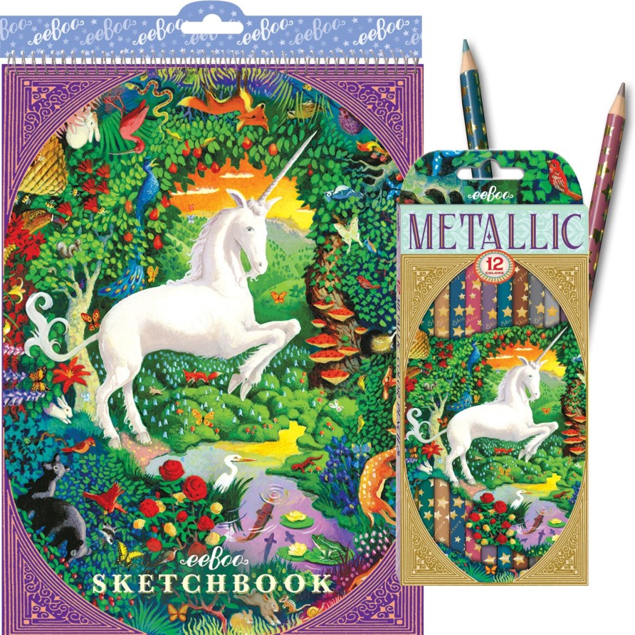 Cadeaux eeBoo Cartes A Jouer Dorees | Licorne 12 Crayons Metalliques Et Carnet De Croquis