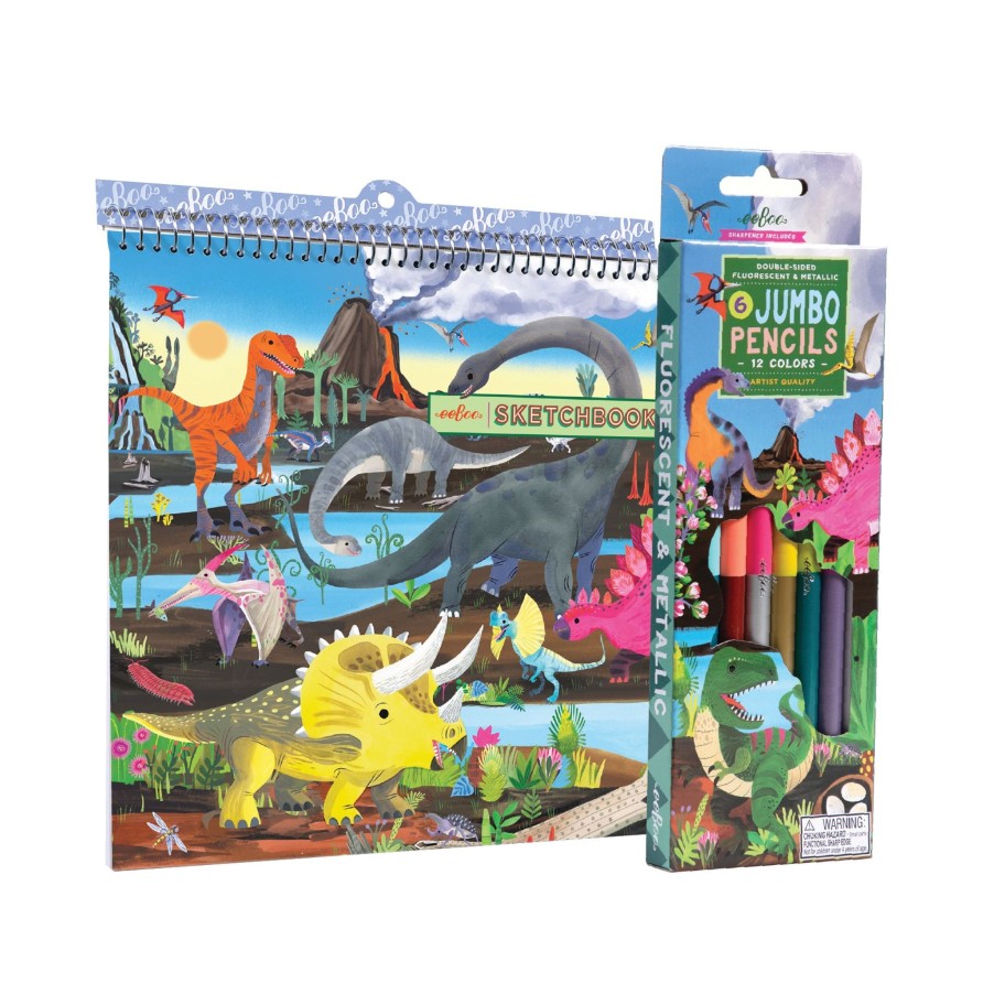 Cadeaux eeBoo Cartes A Jouer Dorees | Ensemble Carnet De Croquis Et Crayons De Couleur Dinosaures