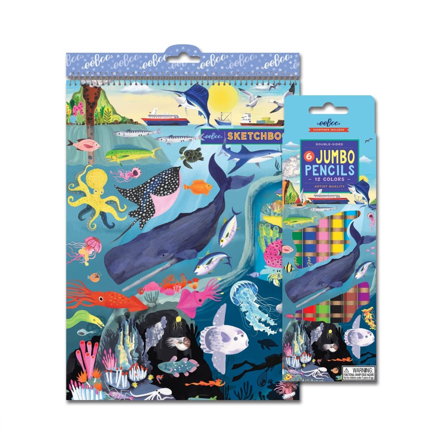 Cadeaux eeBoo Cartes A Jouer Dorees | Under The Sea 6 Crayons De Couleur Double Face Et Carnet De Croquis