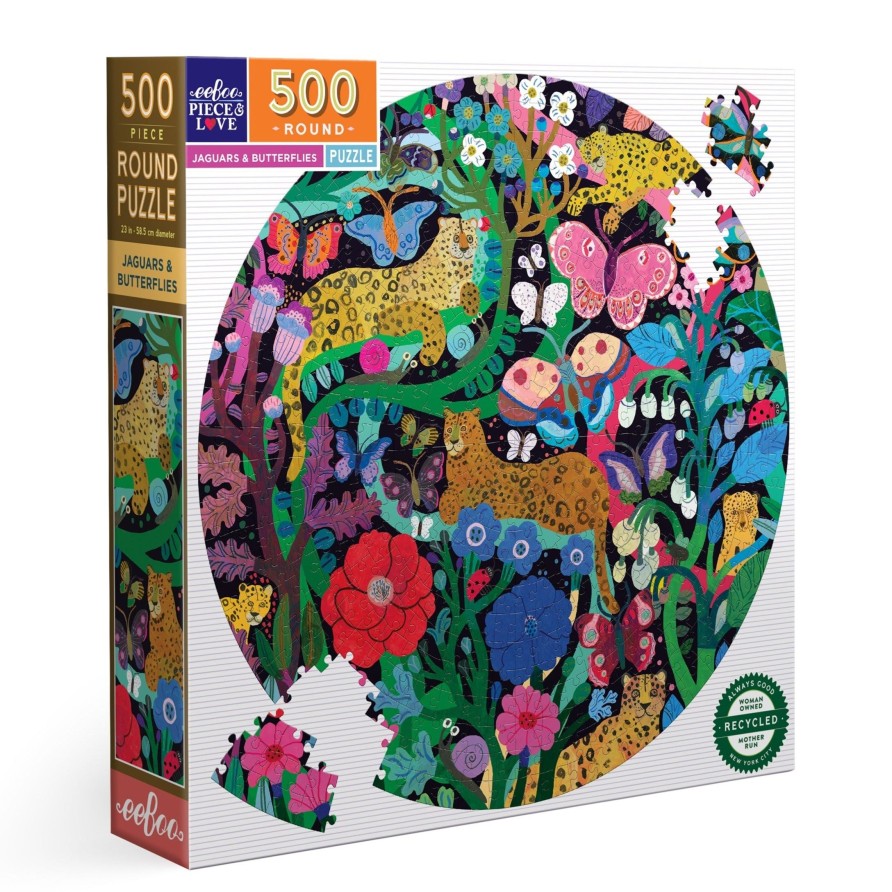 Des Enigmes eeBoo | Puzzle Rond De 500 Pieces Jaguars Et Papillons