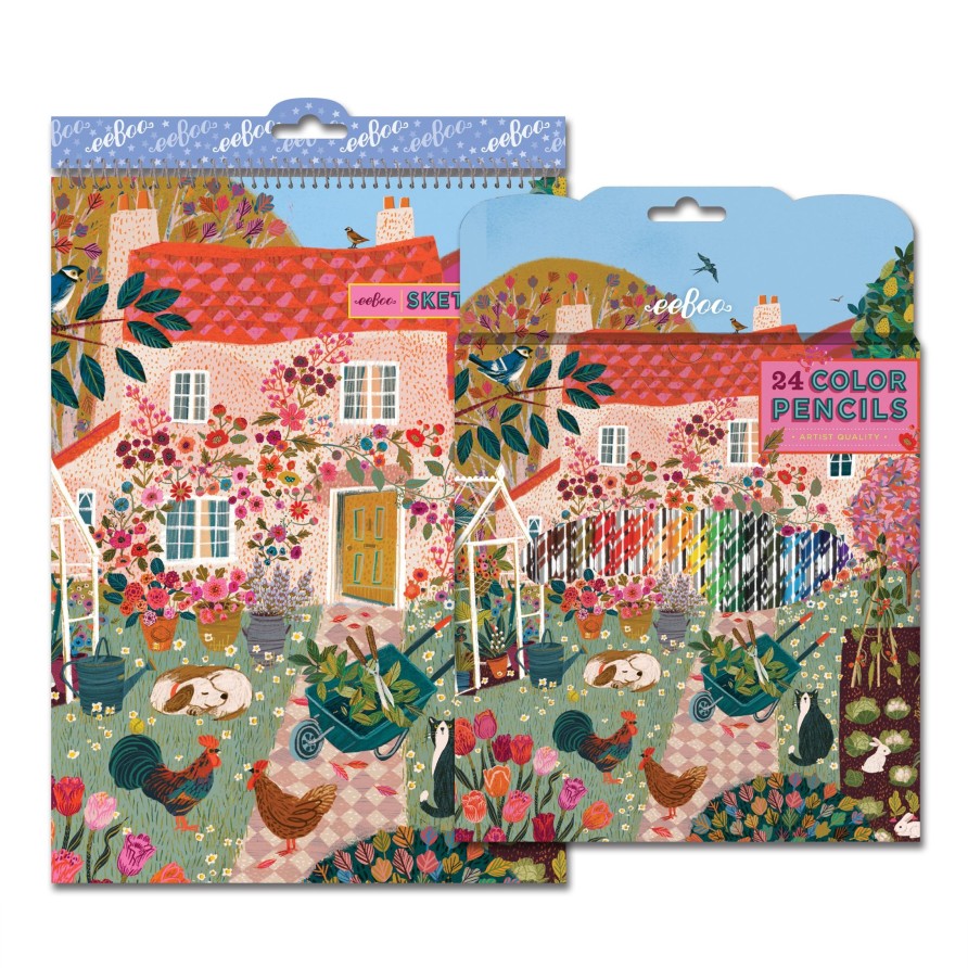 Cadeaux eeBoo Cartes A Jouer Dorees | English Cottage 24 Crayons De Couleur Et Carnet De Croquis