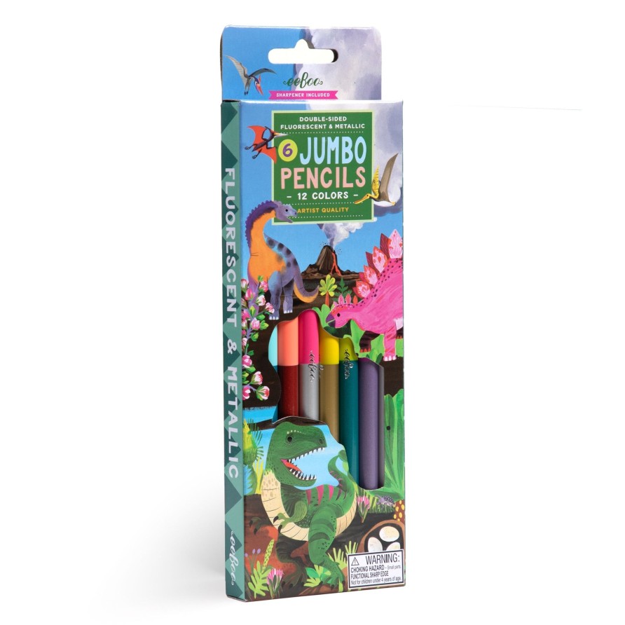 Cadeaux eeBoo Cartes A Jouer Dorees | Dinosaure 6 Crayons Double Face Geants