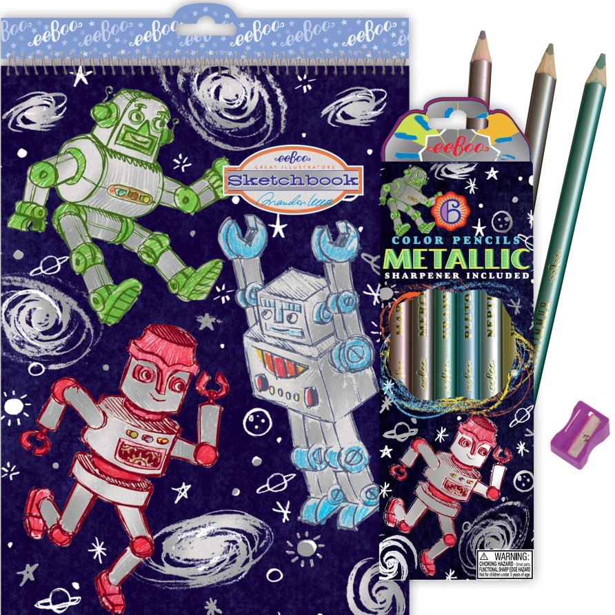 Cadeaux eeBoo Cartes A Jouer Dorees | Silver Robots 6 Crayons Metalliques Geants Et Carnet De Croquis