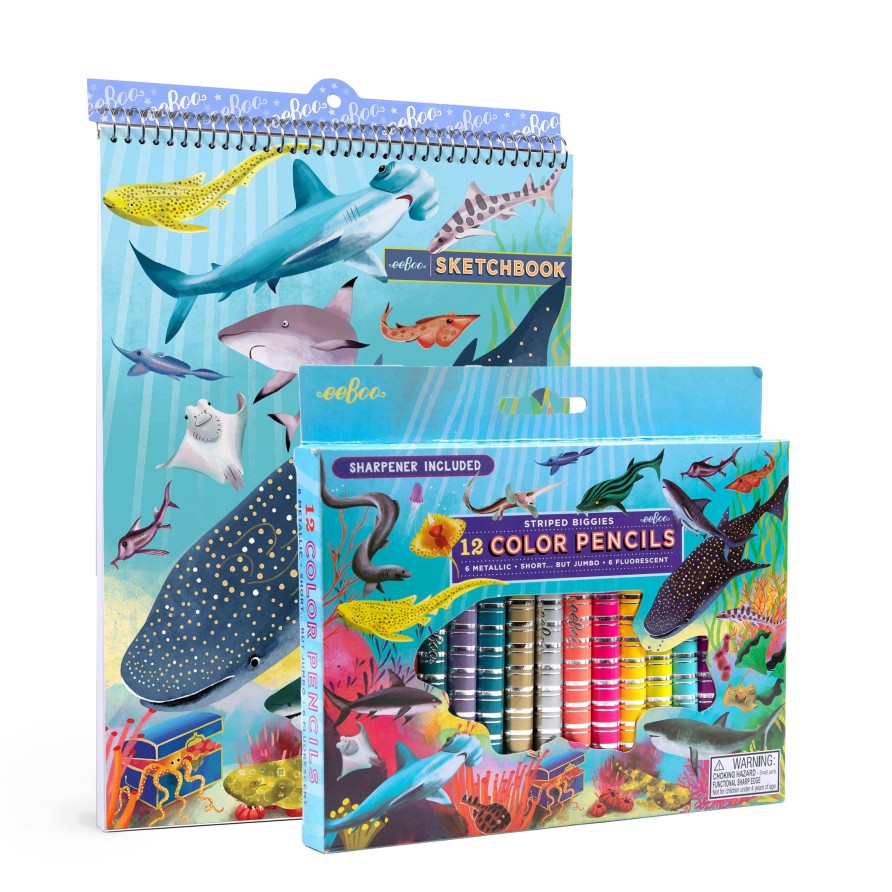 Cadeaux eeBoo Cartes A Jouer Dorees | Ensemble Crayons De Couleur Et Carnet De Croquis Sharks