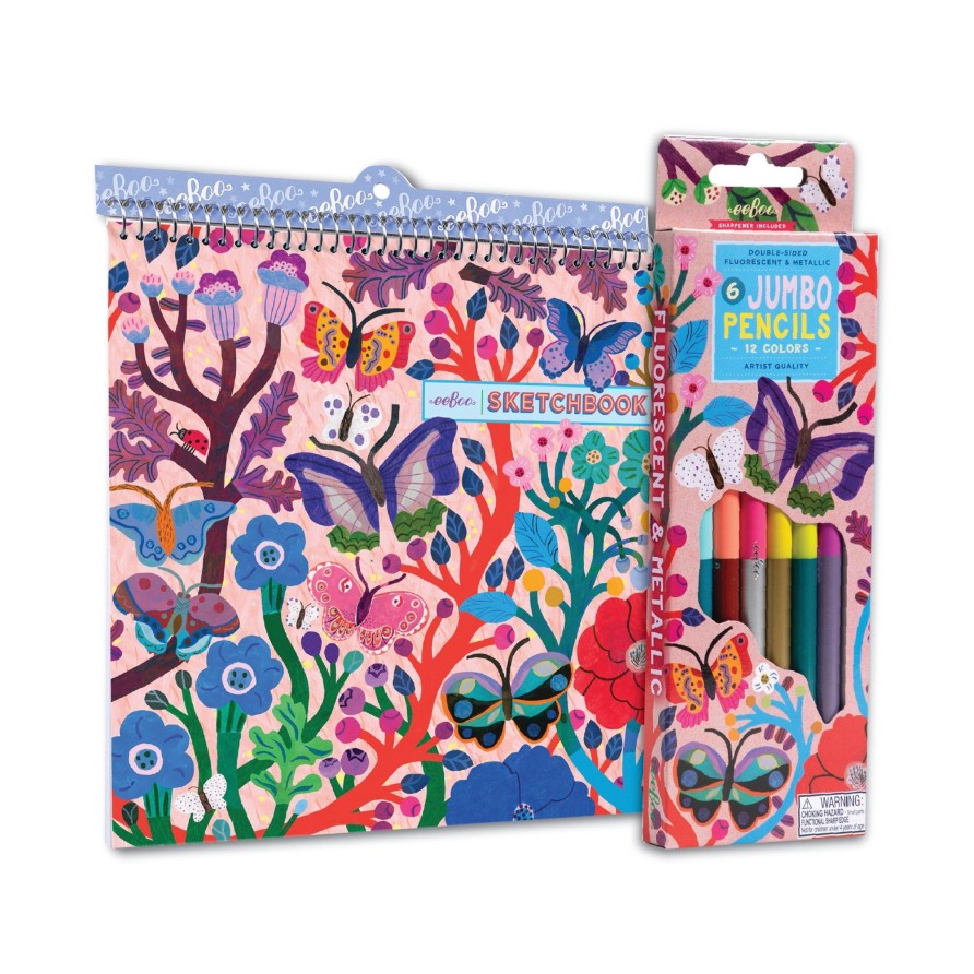 Cadeaux eeBoo Cartes A Jouer Dorees | Ensemble Carnet De Croquis Et Crayons De Couleur Papillons