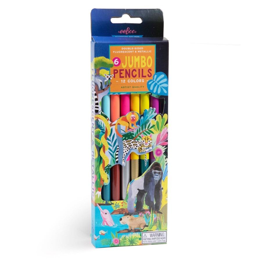 Cadeaux eeBoo Cartes A Jouer Dorees | Rainforest 6 Crayons De Couleur Double Face Geants