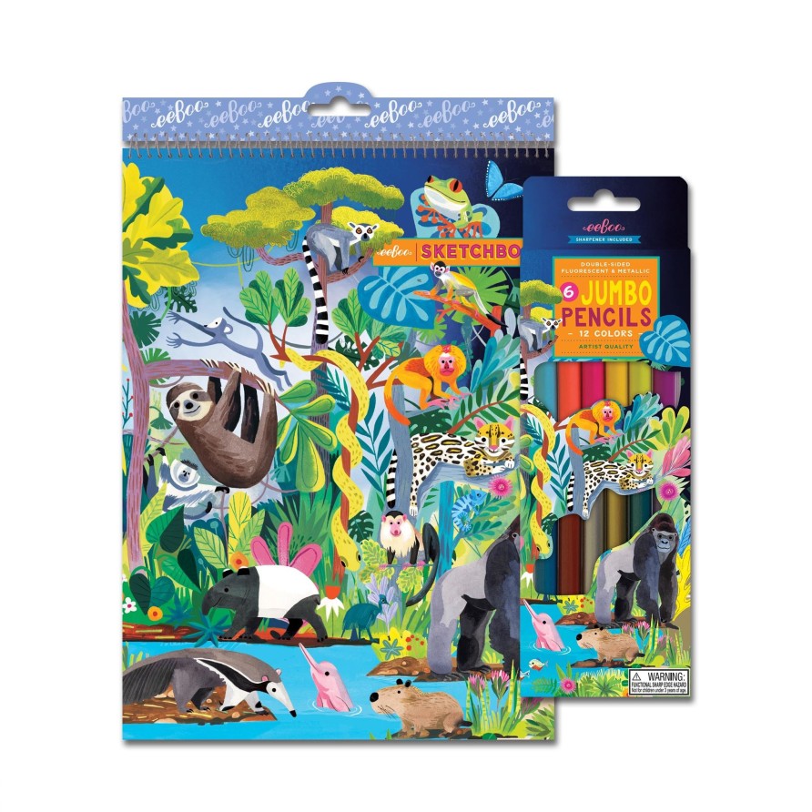 Cadeaux eeBoo Cartes A Jouer Dorees | Rainforest 6 Crayons De Couleur Double Face Et Carnet De Croquis