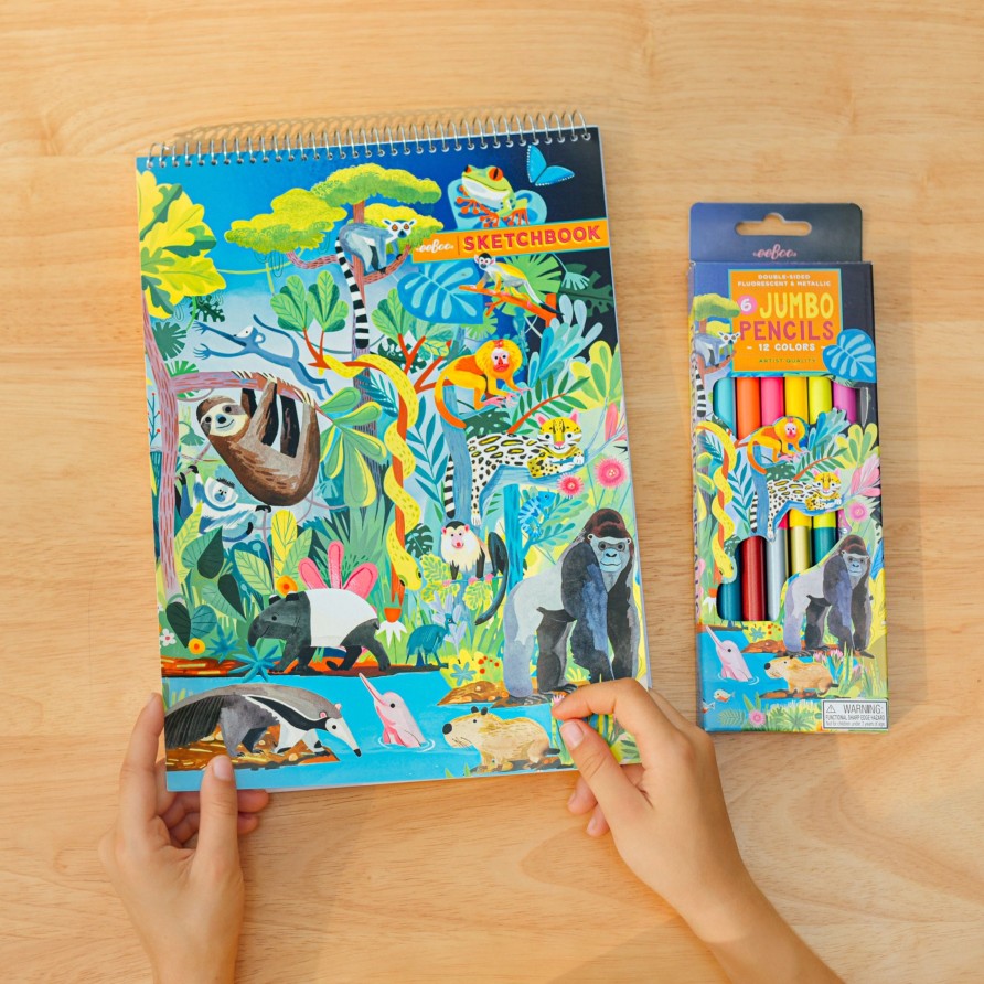 Cadeaux eeBoo Cartes A Jouer Dorees | Rainforest 6 Crayons De Couleur Double Face Et Carnet De Croquis