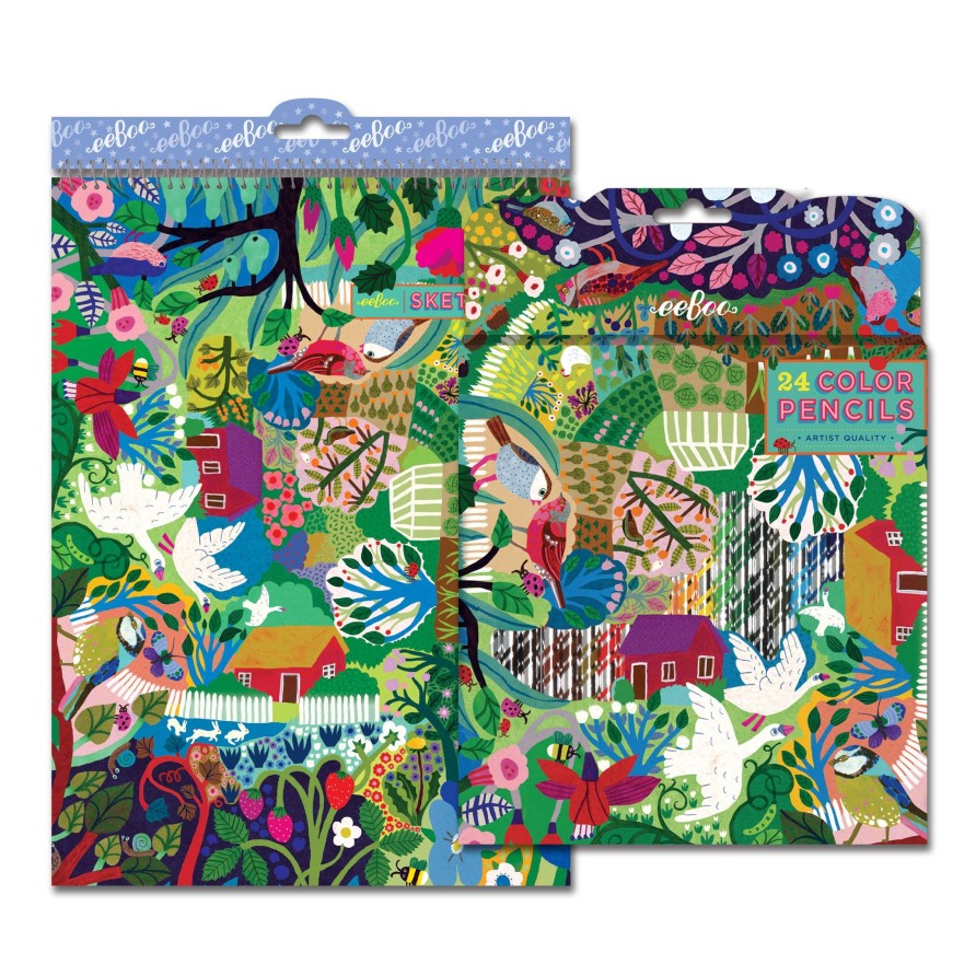 Cadeaux eeBoo Cartes A Jouer Dorees | Bountiful Garden 24 Crayons De Couleur Et Carnet De Croquis