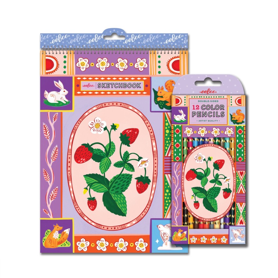 Cadeaux eeBoo Cartes A Jouer Dorees | Fraises 12 Crayons De Couleur Double Face Et Carnet De Croquis