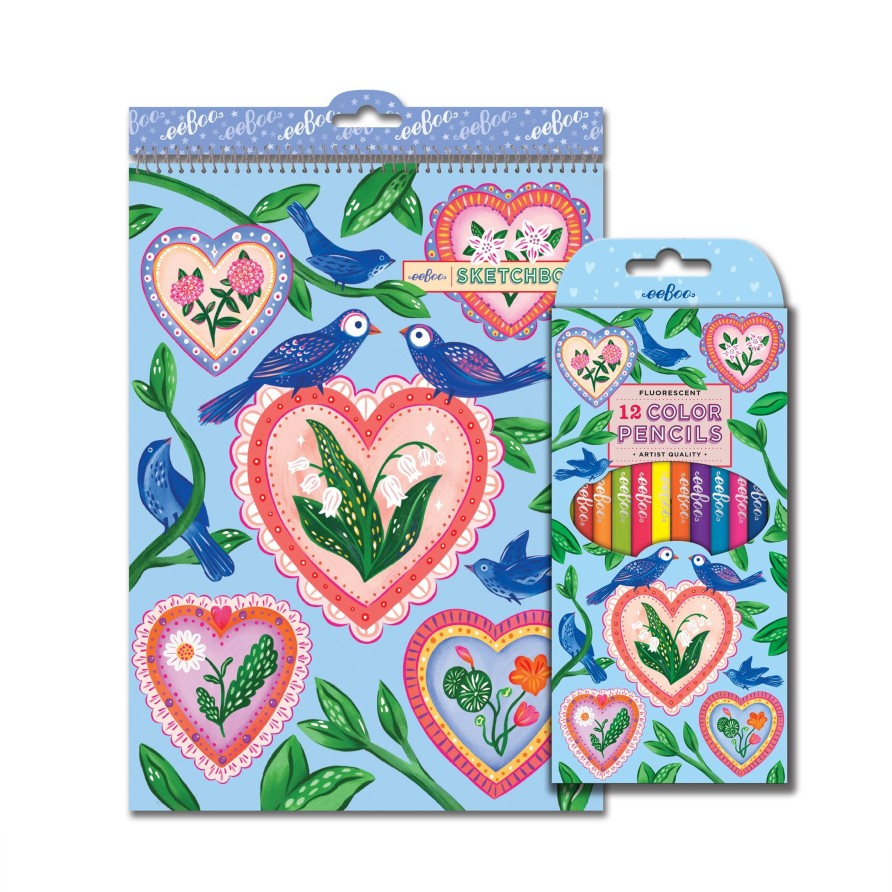 Cadeaux eeBoo Cartes A Jouer Dorees | Hearts & Birds 12 Crayons De Couleur Fluorescents Et Carnet De Croquis