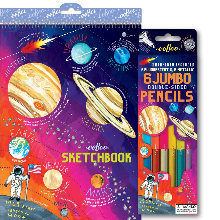 Cadeaux eeBoo Cartes A Jouer Dorees | Systeme Solaire 6 Crayons Double Face Geants Et Carnet De Croquis