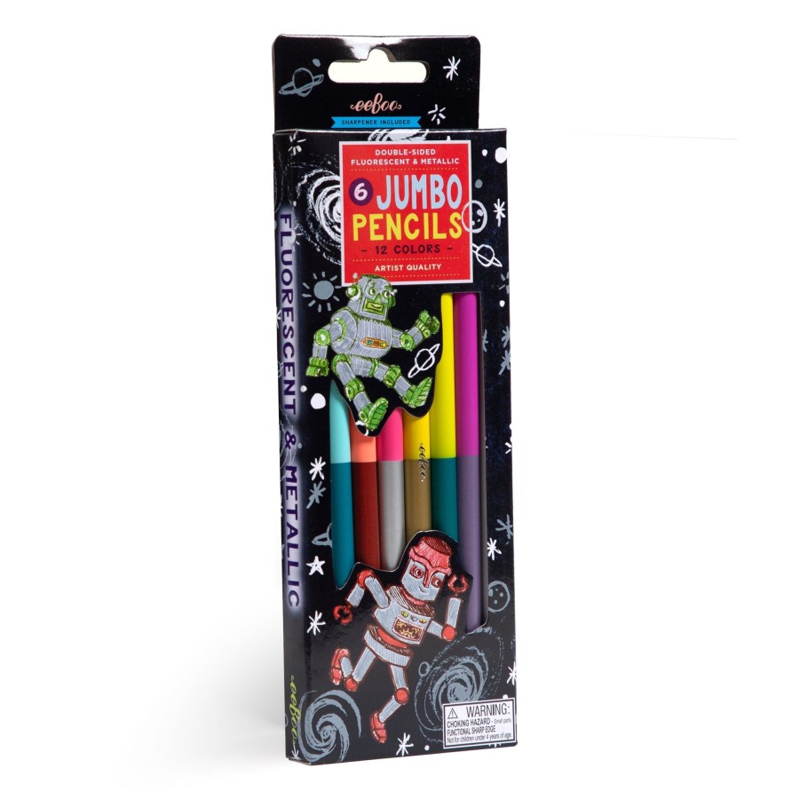 Cadeaux eeBoo Cartes A Jouer Dorees | Silver Robot 6 Crayons Double Face Geants